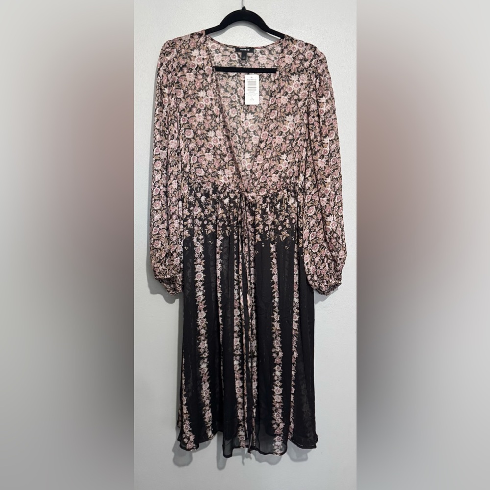 torrid Black and Pink Floral Midi Dress Blouse